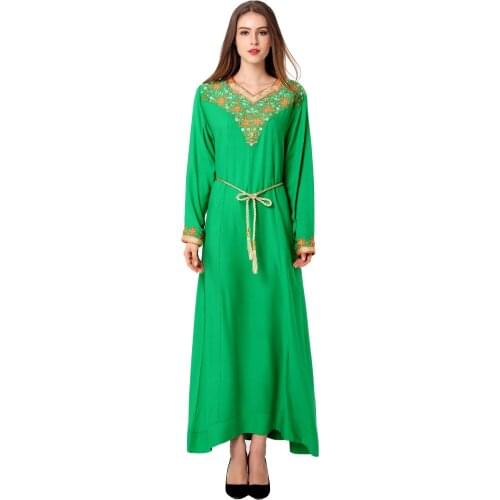 Ramadan Embroidery Muslim Abaya Dubai Muslim Dresses Abayas Women Casual Robe Femme Caftan Islam Clothes With Belt F2993