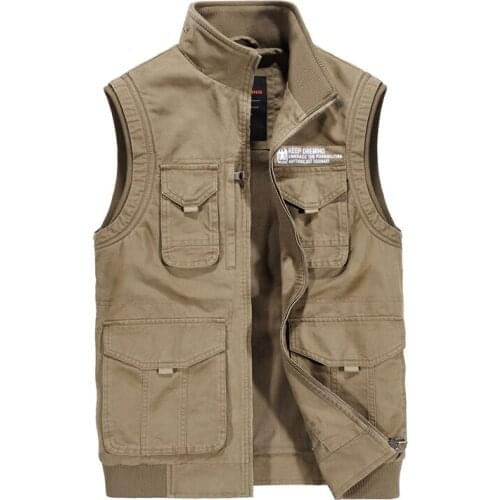 Cotton Denim Mens Vests with Many Pockets Casual Military Multi-pocket Army Khaki Waistcoat Sleeveless Jacket Male 2020