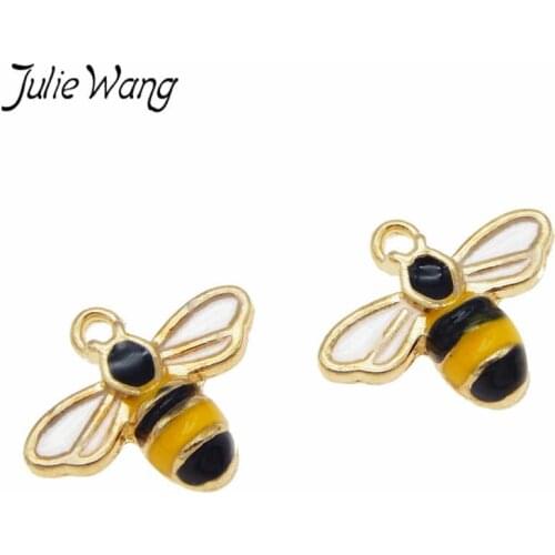 Julie Wang 4PCS Enamel Bee Charm Honeybee Alloy Gold Tone Necklace Bracelet Earrings Jewelry Making Accessory