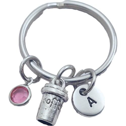 Coffee Keychains Creative Initial Letter Monogram Birthstone Keyrings Fashion Jewelry Women Gifts Pendants