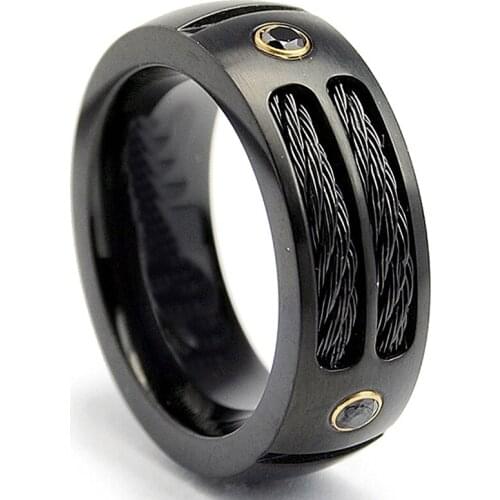 Stainless steel ring Black Titanium steel Ring Wedding Band with Black CZ and Black Twisted Cables ring