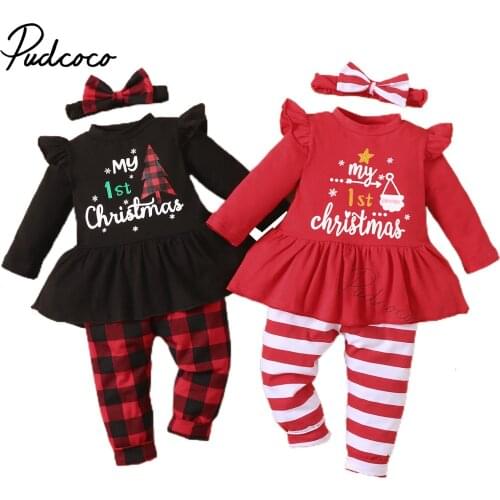 Infant Baby Girls Three-piece Clothes Set, Printed Pattern Round Collar Tops, Pants and Headdress, Black/ Red