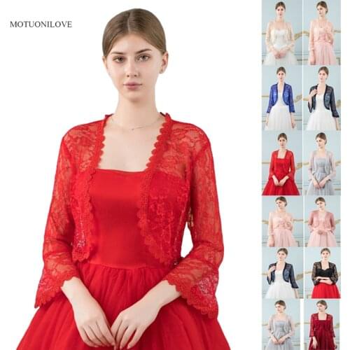 Red Women Floral Lace Wraps 3/4 Long Sleeve White Lace Bolero Female Shrug Shawl Pink Wedding Bridal Capes Evening Party Jackets