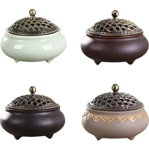 Round Ceramic Censer Classical Incense Burner with Cover Porcelain Coil Incense Holder Vintage Incense Burner Holder for