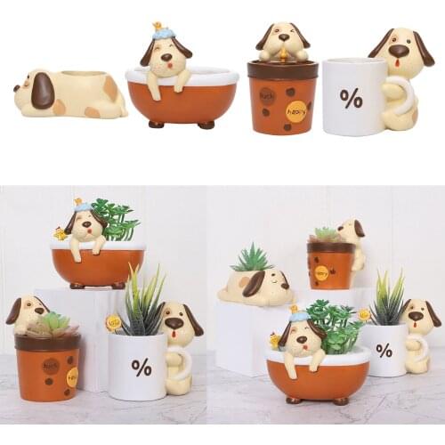Resin Cute Dog Style Potted Plants Container Plants Flower Pots Miniature Model Succulent Pots Miniature Ornaments for Desktop