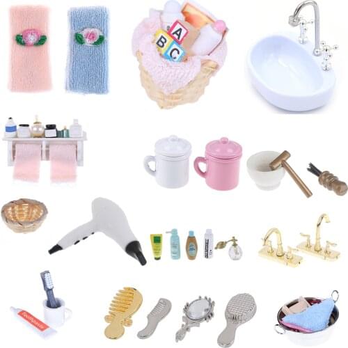 DIY Miniature Dollhouse Bathroom Furniture Accessories Sets Bath Toothbrush Toothpaste Cup Comb Hair Dryer Mirror Baby Gift