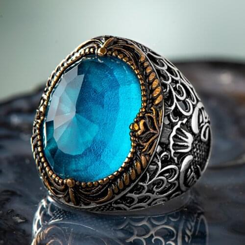 925 Sterling Silver Unique Design Aqua Stone Mens Ring with Arabic Letter Wav Exclusive Accessory Ring for Men Made in turkey