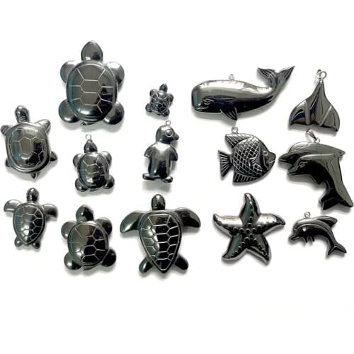 Natural Stone Black Hematite Fish Dolphin Starfish Pendant Necklace Charms Bracelets Bangles DIY Acessories for Women Fashion