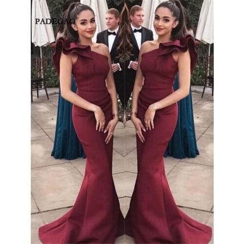 Cheap Dark Red Evening Dresses Mermaid One Shoulder Sleeveless Sweep Train Ruffles Evening Dress Plus Size Custom Made