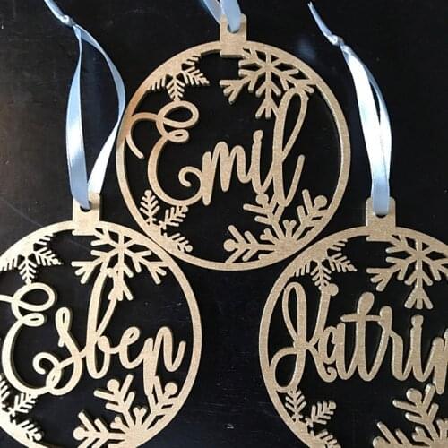 Personalized name ornaments Custom CHRISTMAS baubles set, Wooden hanging PERSONALISED gift, Laser cut snowflakes CHRISTMAS tree