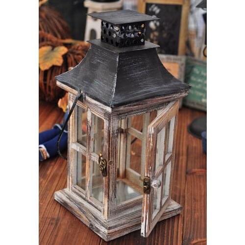 European style retro candle lights wood + glass + iron Windproof Candles Holders