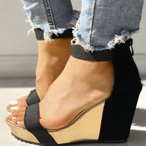 2020 European And American Womens Sandals Simple Color Matching Slope Heel Shallow Mouth Sandals Waterproof Platform Zipper