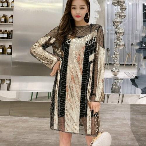 Sey Womens Sequins Dresses Femme Bead Work Gold Dress Lady Bling Bling Party Dress