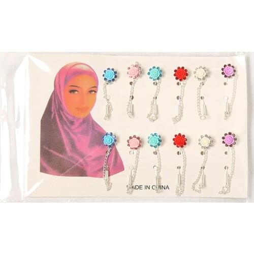 Fashion Floral Rose Chain Crystal Brooch Hijab Scarf Pins Accessories Women Muslim Long Wholesale 12 Pcs/lot