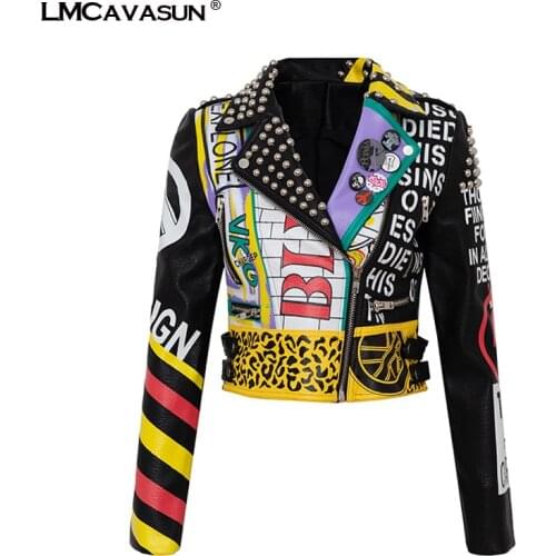 LMCAVASUN Women Rivet Beading PU Leather Jacket Streetwear Plus Size 3XL Faux Punnk Leather Jacket Graffiti Motorcycle Outwear