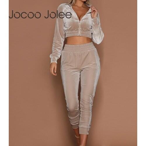 Jocoo Jolee Women Autumn Long Sleeve Zip Up Hoodies and Trouser Suits Casual Solid Velvet 2 Pieces Set Cropped Sweatshirts