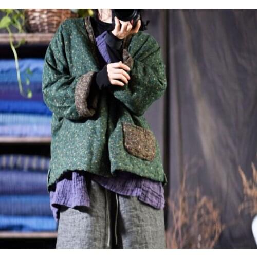 Women Parkas Cotton Linen V neck Original Cotton Padded Floral Lace Up Pockets Cardigan Vintage Winter Women Warm Coat