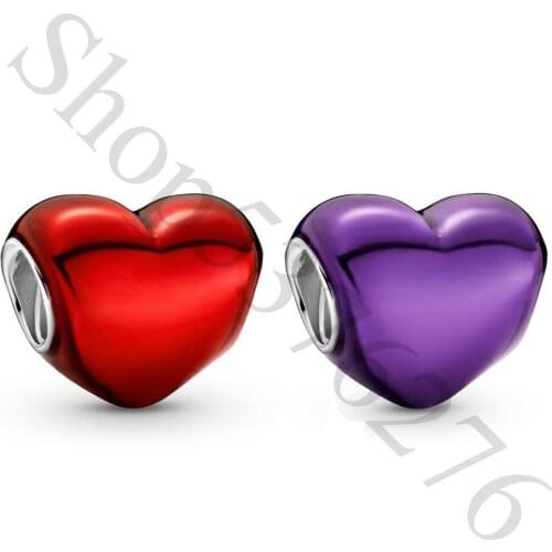 Authentic 925 Sterling Silver Bead Metallic Red Purple Heart Charm Fit Fashion Women Pandora Bracelet Bangle Gift DIY Jewelry
