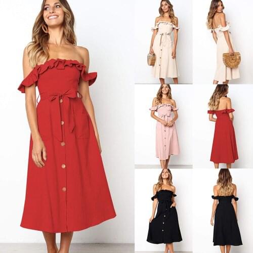 Elegant Backless Sexy Women Summer Dress 2020 Ruffles Casual Off Shoulder Dress Strapless Sundress Female Vintage Midi Dresses