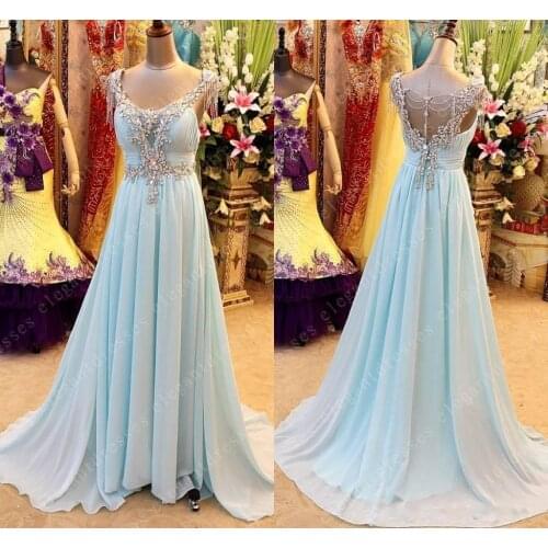 New Sky Blue Long Luxurious Crystal Beading Chiffon Prom Dresses Backless Evening Gown Vestidos De Noiva 2021 Custom Made