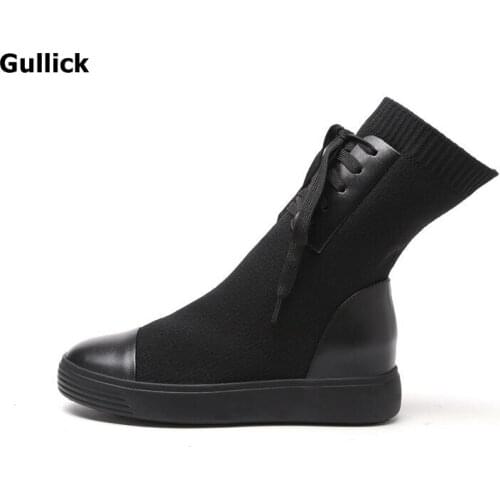 Gullick Winter Elastic Knitted Short Boots Lace up height Increasing Heel Platform wool Ankle Boots for Women casual shoes