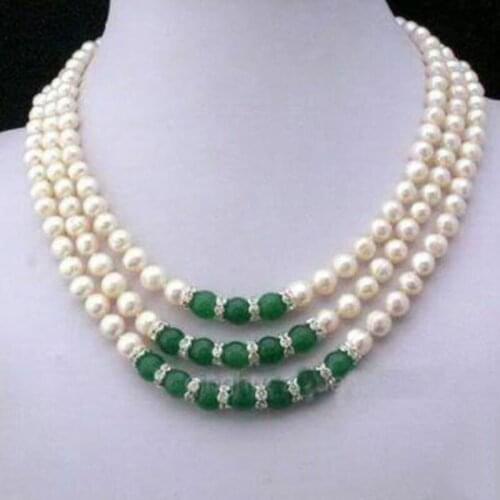 3Rows 7-8MM Real White Akoya Cultured Pearl & Green Jade Pendants necklace