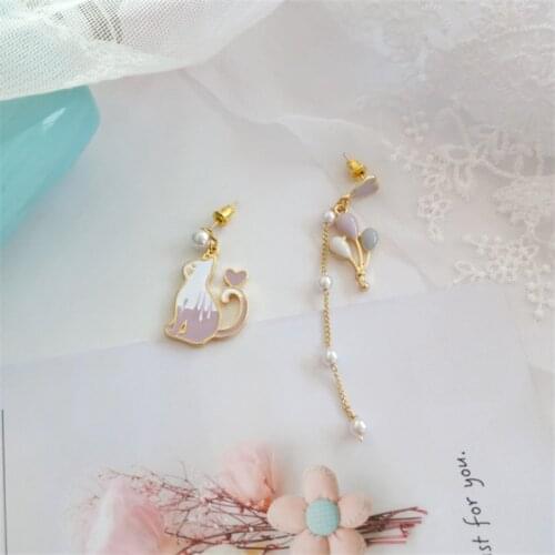 Asymmetric fashion pink balloon cat earrings long chain pearl earring jewelry accessories