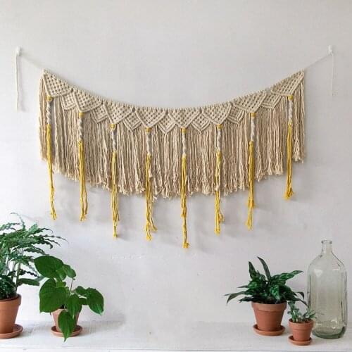 Bohemian Macrame Banners Tapestry Art Yellow Beads Wall Hanging Nordic Decor Room Aesthetics Bohemian Curtains