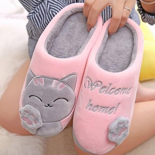 Home Indoor Slippers Women Winter Warm Cartoon Cat Slippers Bedroom Lovers Couples Soft Unisex Female Male Slides Plush Shoes