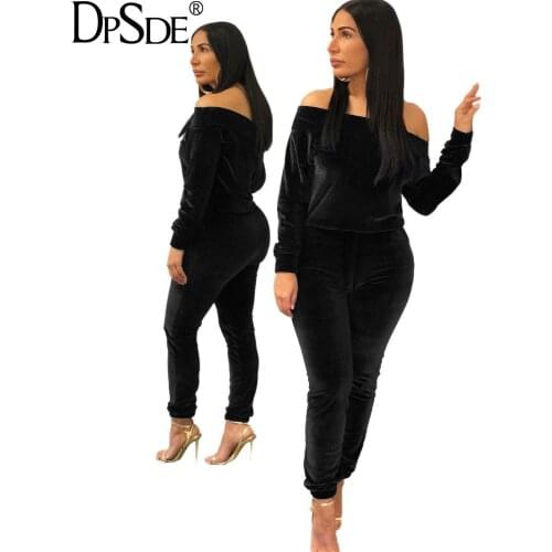 DPSDE Yellow Keep Warm Women Two Pieces Set Off Collar Full Sleeve Black Top Autumn Wool 2020 Streetwear Bocycon Skinny Pants