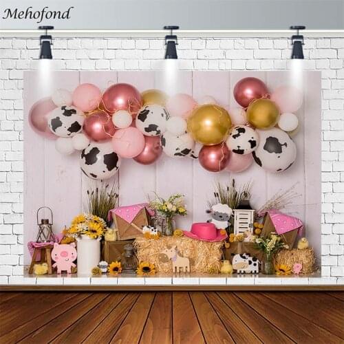 Baby Shower Farm Backdrop Haystack Cow Balloon Plank Kid Birthday Decor Photography Background Studio Props Photophone Photozone