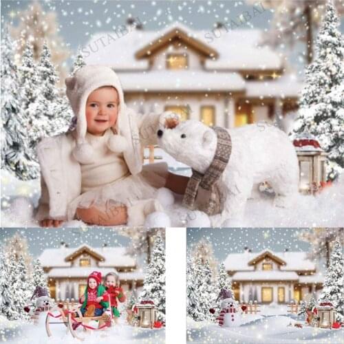 Winter Christmas Snowy Landscape Photography Backdrop Wonderland Merry Xmas Rustic Village Background Snowman Baby Shower Party