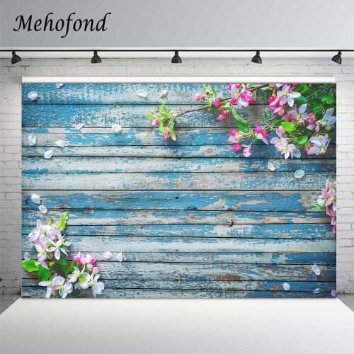 Mehofond Photography Backdrops Blue Wooden Board Plank Spring Flowers Newborn Food Pet Decoration Product Photo Background Props