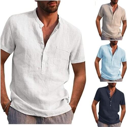 Mens T Shirt Mens Spring Summer Casual Shirt Short Sleeve Cotton Linen Shirts Men Loose Collar Button Shirt Chemise Homme