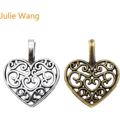 Julie Wang 100pcs Antique Bronze Silver Color Charms Imitation Mini Hollow Heart Shape Pendant Jewelry Bracelet Accessories