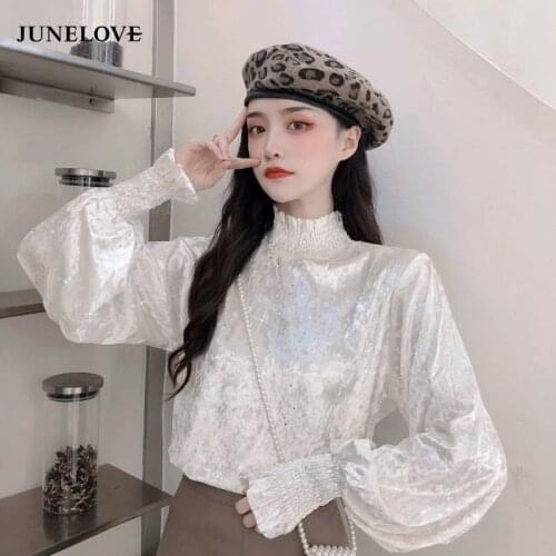 JuneLove Women Spring Retro Palace Style Pleated Puff-sleeve Sequined Blouse French Temperament Tops Turtleneck Shirts Stylish