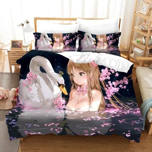 Kawaii Girl Bedding Set Anime Swan Modern 3D Print Comforter Luxury Duvet Cover Set Home Textile Decor Queen King Single Size