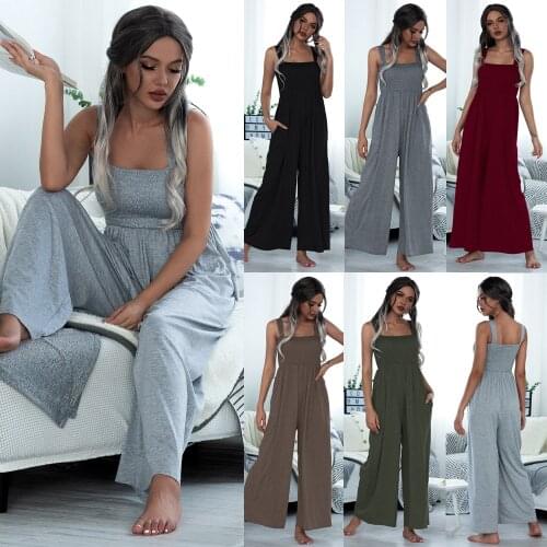 Sexy Women Spaghetti Strap Wide Leg Jumpsuits Summer 2021 New Solid Casual Loose Stretchy Waist Off Shoulder High Waist Romper