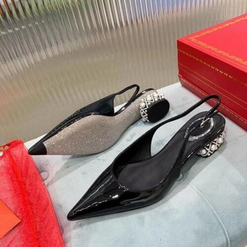 Fashion Brand Rome Slip On Women Sandals Pointed Toe Pearl Round Heel Decor Buckle Casual Sandals Real Leather Pumps Lazy Shoes