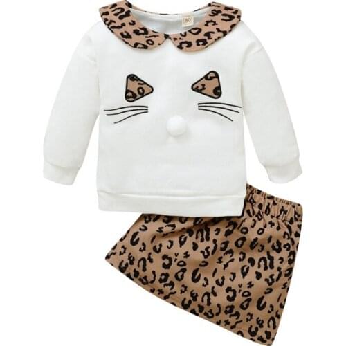 Autumn Baby Girl Long Sleeve Cartoon Pattern Sweatshirt Leopard Print Short Skirt Casual Outfits Set