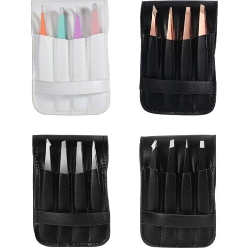 4 PCS/Set Eyebrow Tweezers Stainless Steel Point Tip/Slant Tip/Flat Tip Hair Removal Makeup Tools Accessory with Black Bag Case
