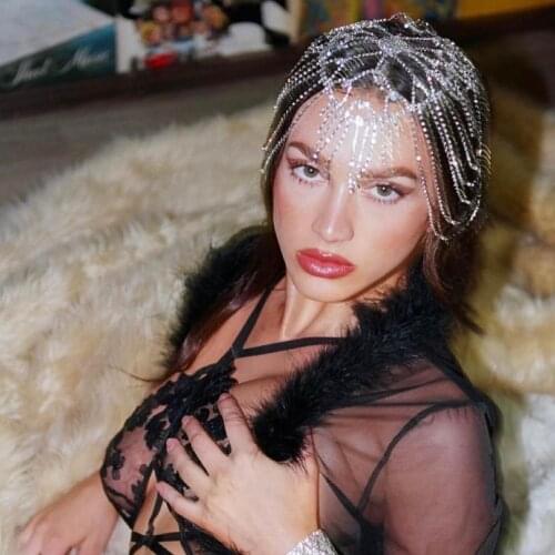 Stonefans Bling Tassel Bridal Headpiece Rhinestone Headband Chain Backside Forehead Flapper Cap Crystal Head Chain Party Jewelry