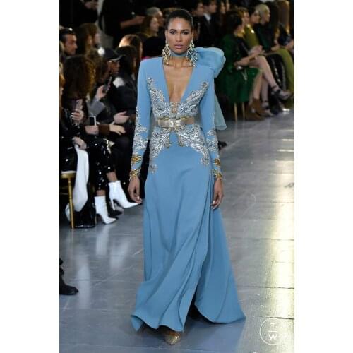 2020 Blue Evening Dresses Deep V Neck Long Sleeve Sequins Beading Top Prom Gowns Runway Fashion Red Carpet Party Dress