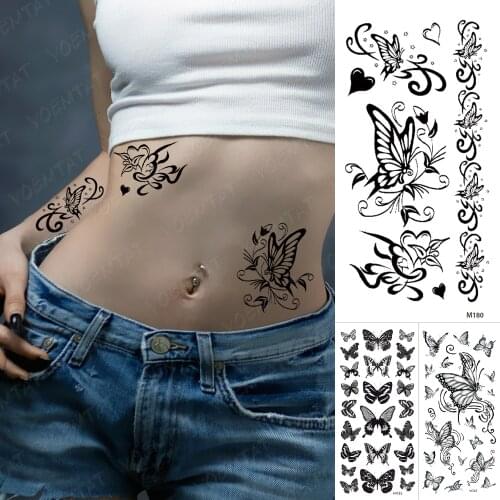 Dark Butterfly Old School Waterproof Temporary Tattoo Sticker Rose Flower Flash Tatoo Girl Woman Wrist Thigh Fake Tatto Body Art
