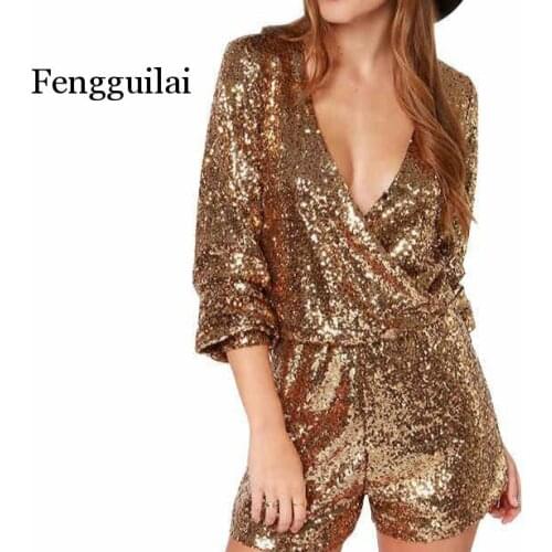 Women Sequins Jumpsuit Sexy Spot Gold Silver Rompers V-neck Shorts female Plunging DS Dance Evening Party Overalls