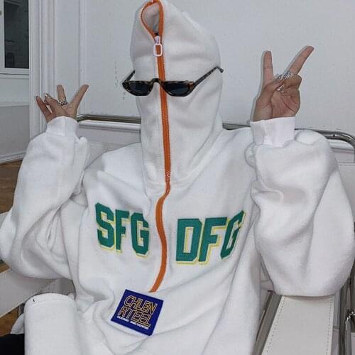 Dark street American retro sweater womens hooded thick loose 2021 autumn and winter white plush jacket y2k tops E-girl sweater