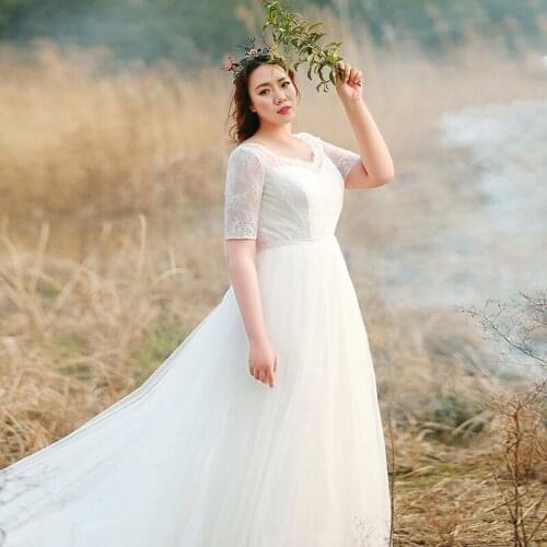 New Simple Evening Dress Elegant O-Neck Embroidery Empire Short Sleeves A-Line Floor-Length Plus Size Women Formal Gowns D1045