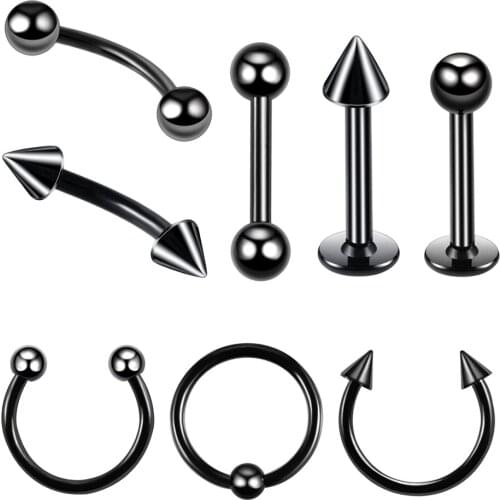 8 Pieces Stainless Steel Black Eyebrow Nose Ring Ear Stud Hoop Body Jewelry Piercing Set