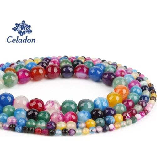 Rainbow Color Stripe Natural Stone Beads 15" Faceted Round Ball Agat Loose Spacer Beads for DIY Jewelry Making 4 6 8 10mm