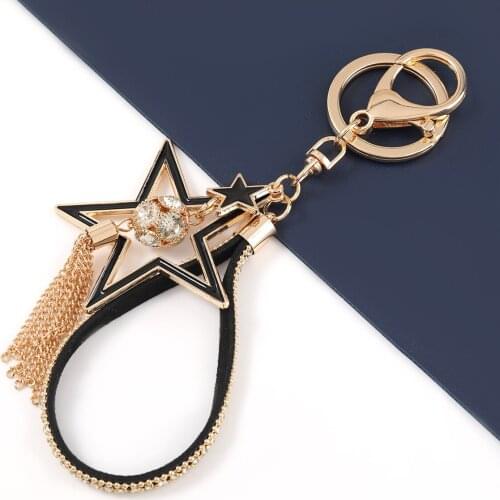 Alloy Black Cool Crystal Big Star Pendant Key Chain Long Shining Car Key Ring Girl Bag Holder Accessories